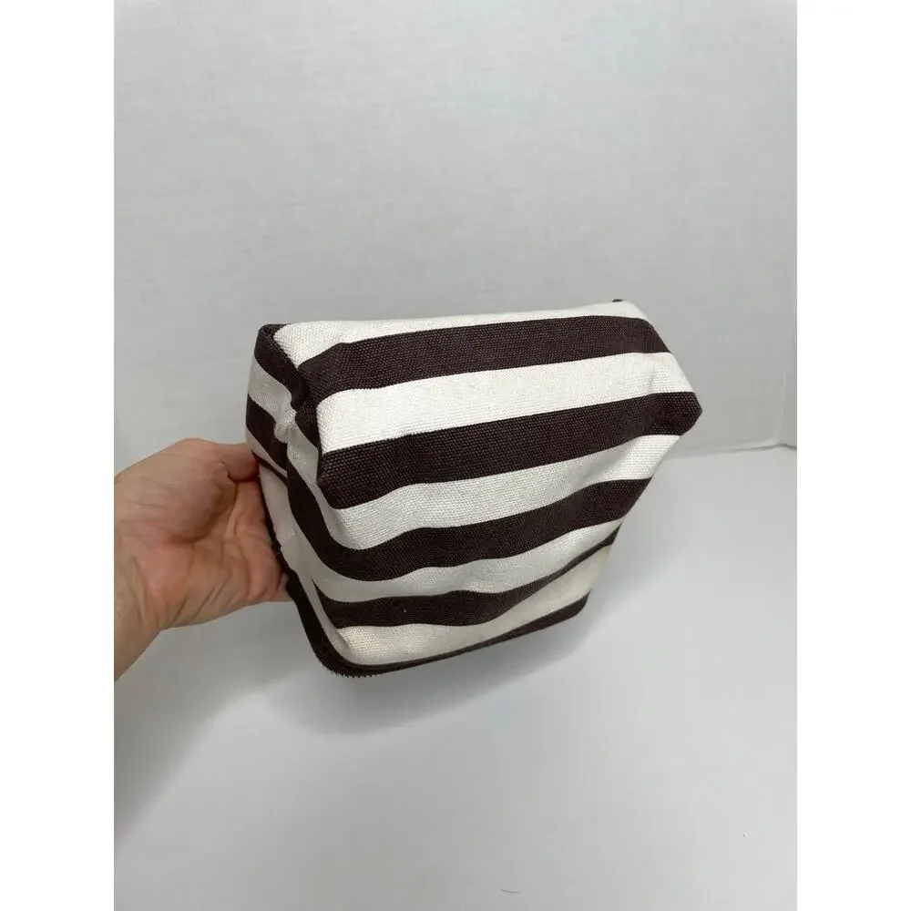 Henri Bendel Cosmetic Bag Brown White Stripe Blue Strap